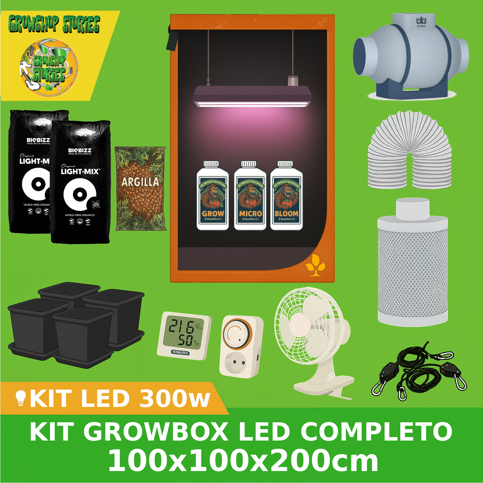 Kit Growbox Led 300w – 100x100x200cm – Completo con Centralina