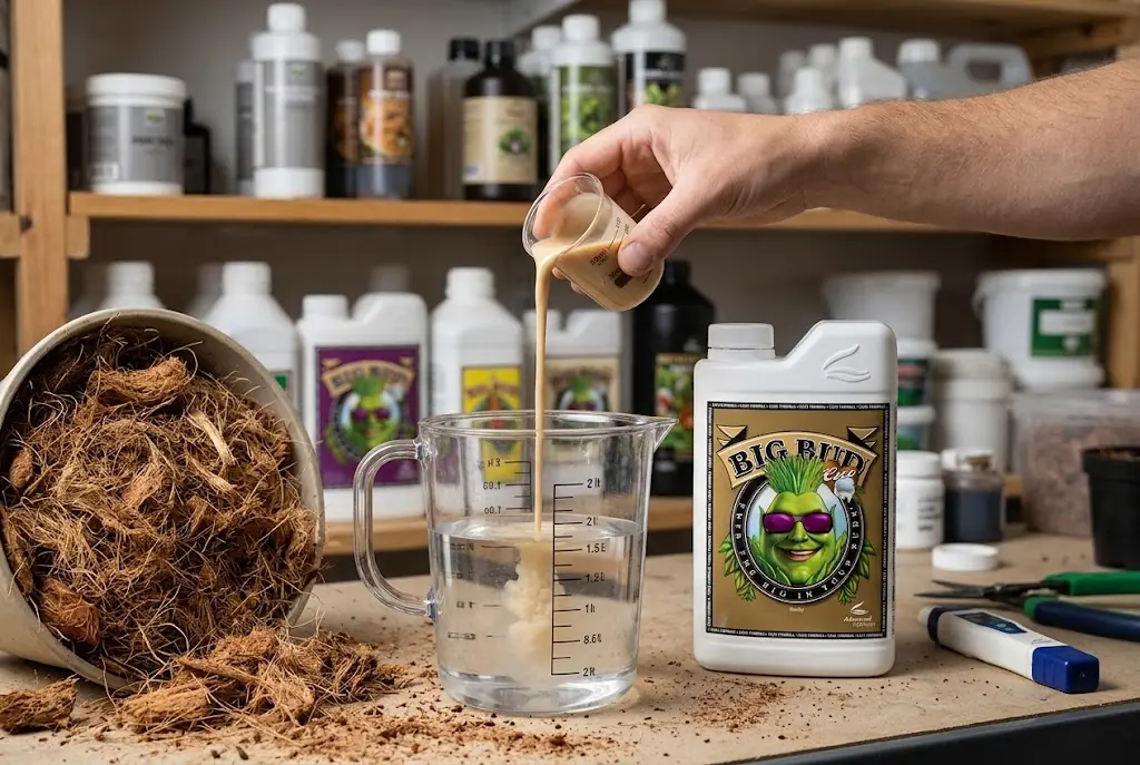 Preparazione della soluzione nutritiva con fertilizzanti per la coltivazione in cocco