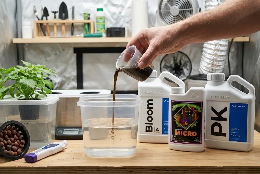 Preparazione della soluzione nutritiva con fertilizzante liquido per la coltivazione idroponica