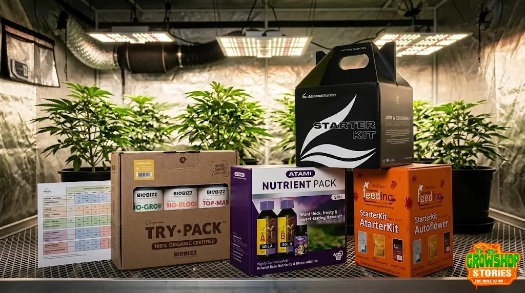 Kit fertilizzanti indoor con prodotti nutrizionali e tabella di fertilizzazione per grow box