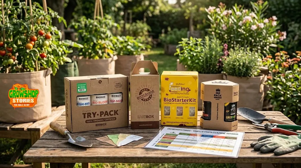 Kit fertilizzanti outdoor con prodotti nutrizionali e tabella di fertilizzazione per la coltivazione all'aperto